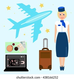 Vector illustration of a stewardess, the plane and Luggage