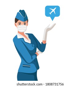 Vector illustration. Stewardess in a protective mask with a raised hand. Safe travel, coronavirus