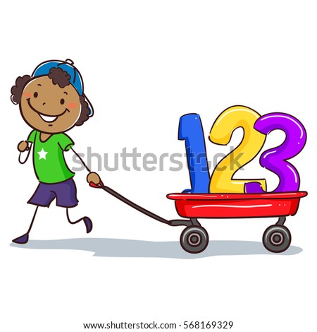 Vector Illustration of Stick Black Boy Pulling wagon with 123 