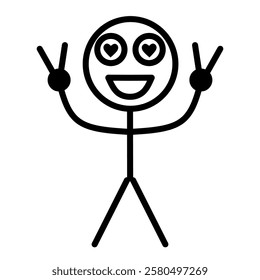 Vector illustration of a stick figure line art graphic with a smiling face, heart-shaped eyes, and hands showing a peace sign. Symbolizing happiness, love, positivity, and expression in a simple style