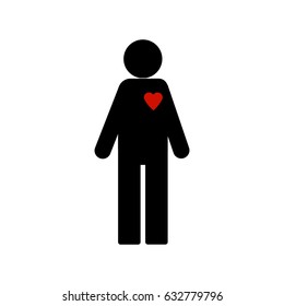 Vector illustration. stick figure with red heart, men with big heart, kind person