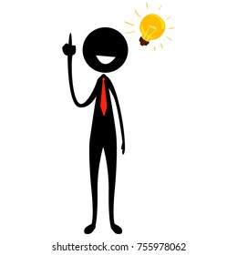 Vector Illustration of Stick Figure Silhouette Businessman with Light Bulb Idea