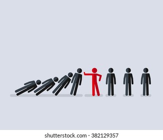 Vector illustration of stick figure stopping the domino effect with falling stick figures 