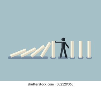 Vector illustration of stick figure stopping the domino effect with falling white dominoes 