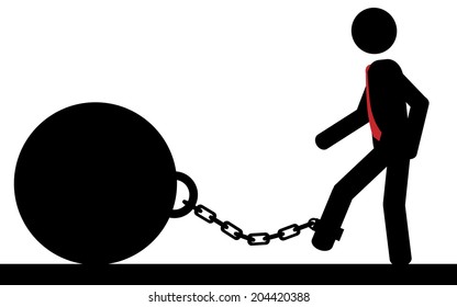 Vector , illustration. A stick figure walks with a weight chained to his foot.