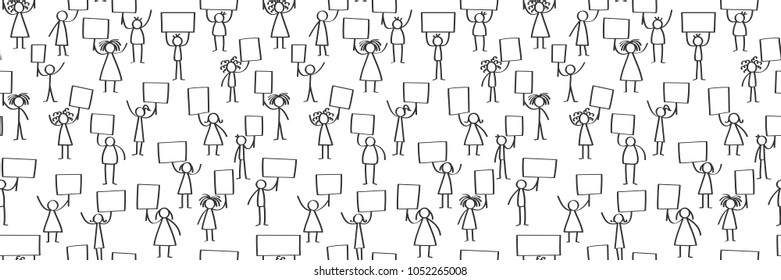 Vector illustration of stick figures protesting, holding up blank signs, seamless banner isolated on white background