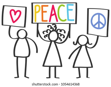 Vector illustration of stick figures protesting for peace and love, holding up signs isolated on white background