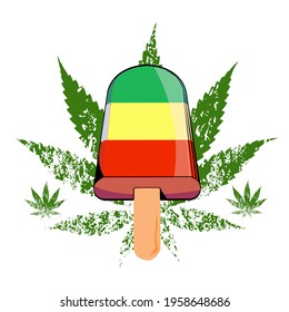 vector illustration of a stick ice cream on a cannabis leafisolated on white. Design for t-shirts and stickers of the cannabis culture.