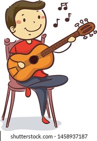 Vector Illustration of Stick Kid Boy playing Acoustic Guitar