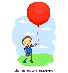 Vector Illustration of Stick Kid Boy Holding a  Big Red Balloon