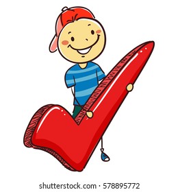 Vector Illustration of Stick Kid Boy Holding a Check Mark Symbol