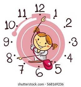 Vector Illustration of Stick Kid Girl Showing using her arm as Hand Clock pointing 8 o'clock