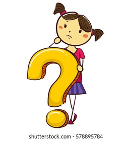 Vector Illustration of Stick Kid Girl with Question Mark Symbol