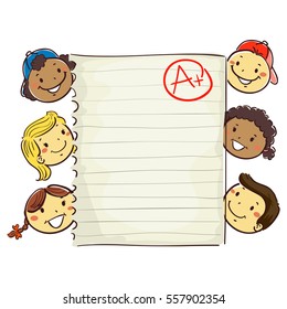 Vector Illustration of Stick Kids Around Paper showing A Plus Grade