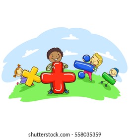 Vector Illustration of Stick Kids Holding Mathematical Symbol