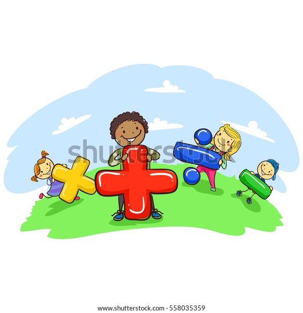 Vector Illustration of Stick Kids Holding\
Mathematical Symbol