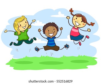 Vector Illustration of Stick Kids Jumping together