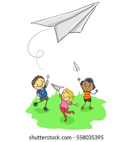 Vector Illustration of Stick Kids Playing Paper Plane