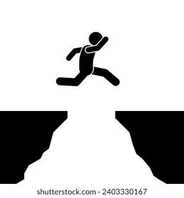 vector illustration of stick man, stick figure and pictogram jumping over a cliff, moving forward, never giving up