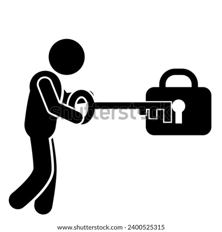  vector illustration of stick man, stick figure, pictogram opening a lock, opening a padlock