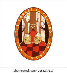 Vector illustration of sticker of adventurer in gumshoes relaxing in hammock at campsite and inscription The Forest Is Calling And I Must Go.