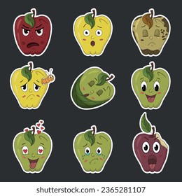 Vector illustration of sticker apple. Apple emotion stickers. Apple in love, happy, sad, scared, angry.