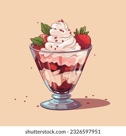 ilustración vectorial de arte de deliciosos helados sundae de fresa de verano en taza aislados sobre fondo de color sólido.