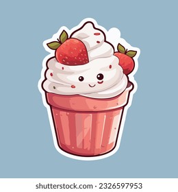 ilustración vectorial de arte de deliciosos helados sundae de fresa de verano en taza aislados sobre fondo de color sólido.