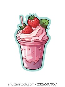 ilustración vectorial de arte de deliciosos helados sundae de fresa de verano en taza aislados sobre fondo de color sólido.