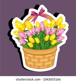 Vector illustration sticker of a basket with tulips