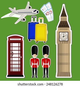 vector illustration sticker Big Ben , telephone box , luggage , tickets , plane