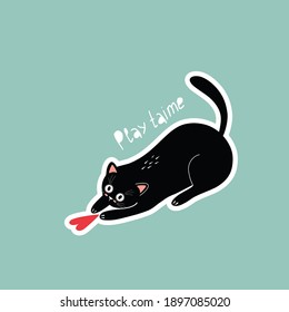 vector illustration sticker with black cat and red heart on blue background drawing for valentine's day