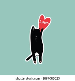 vector illustration sticker with black cat and red heart on blue background drawing for valentine's day