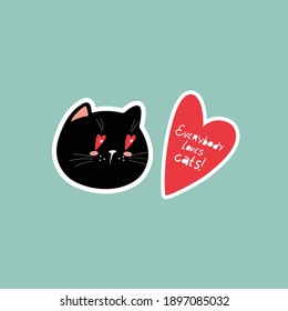 pegatina de ilustraciones vectoriales con gato negro y corazón rojo en el dibujo de fondo azul para el día de San Valentín