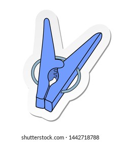 Vector illustration, sticker of blue clothes peg in flat cartoon style isolated on white background