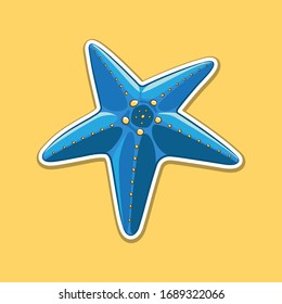 Vector Illustration of Sticker of Blue Starfish Cartoon on a Yellow Background