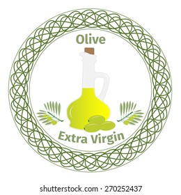 Vector illustration. Sticker with a bottle of olive oil and a branch with green olives. For advertising, design and other uses elements.