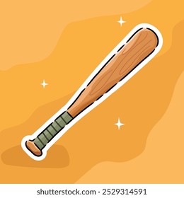Vector illustration of a sticker cartoon illustration features a wooden baseball bat against a warm, sandy background, for sticker or print or design element