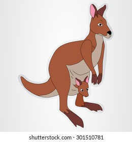 Vector illustration of the sticker with cartoon kangaroo with baby.