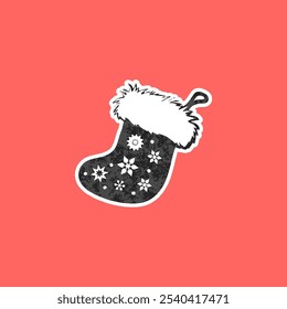 Vector illustration of a sticker with a Christmas sock in black and white photocopy color. Traditional sock with fur and snowflakes with sulfur texture in retro style. Isolated red background.