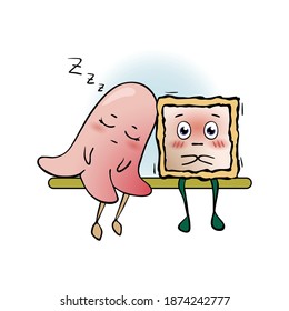 Vector illustration for sticker or clipart with romantic couple of bento meal. Cute octopus sausage sleeps on the roll's shoulder that makes him blush. For bujo, scrapbooking, card, invitation, decor