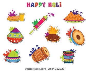 vector illustration of sticker collection for Holi holiday celebration object, Holi sticker