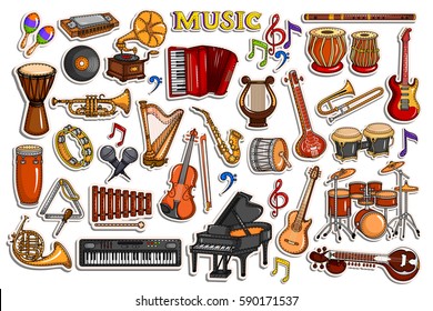 vector illustration of sticker collection for music and entertainment instrument object