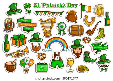 vector illustration of sticker collection for Saint Patricks Day holiday celebration object