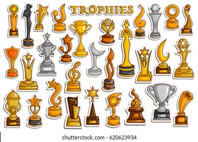 Vector Illustration Of Sticker Collection For Victory Gold Cups And Trophy