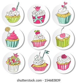 Vector illustration of sticker of  colorful cupcakes isolated. Bright color: pink, blue, green