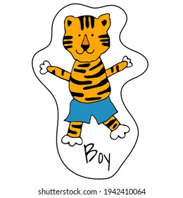 Vector illustration, Sticker of cute boy tiger. Wild animal. Symbol of 2022. cute animal character idea for child and kid printable stuff and t shirt, greeting card, nursery wall art, postcard