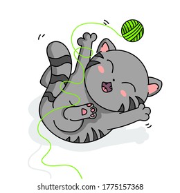 vector illustration sticker with cute funny chibi gray kitten who plays with a ball of thread on a white background