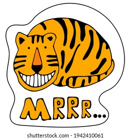 Vector illustration, Sticker of cute sitting tiger. Wild animal. Symbol of 2022. cute animal character idea for child and kid printable stuff and t shirt, greeting card, postcard. 