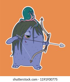 vector illustration of a sticker in it depicts an imaginary being with an octopus on his head and a battle bow